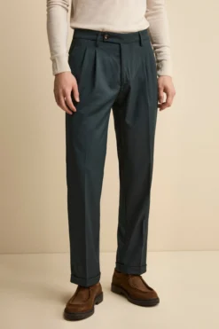 Pantalone Straight in Misto Lana con Pinces e Risvolto - VERDE SCURO