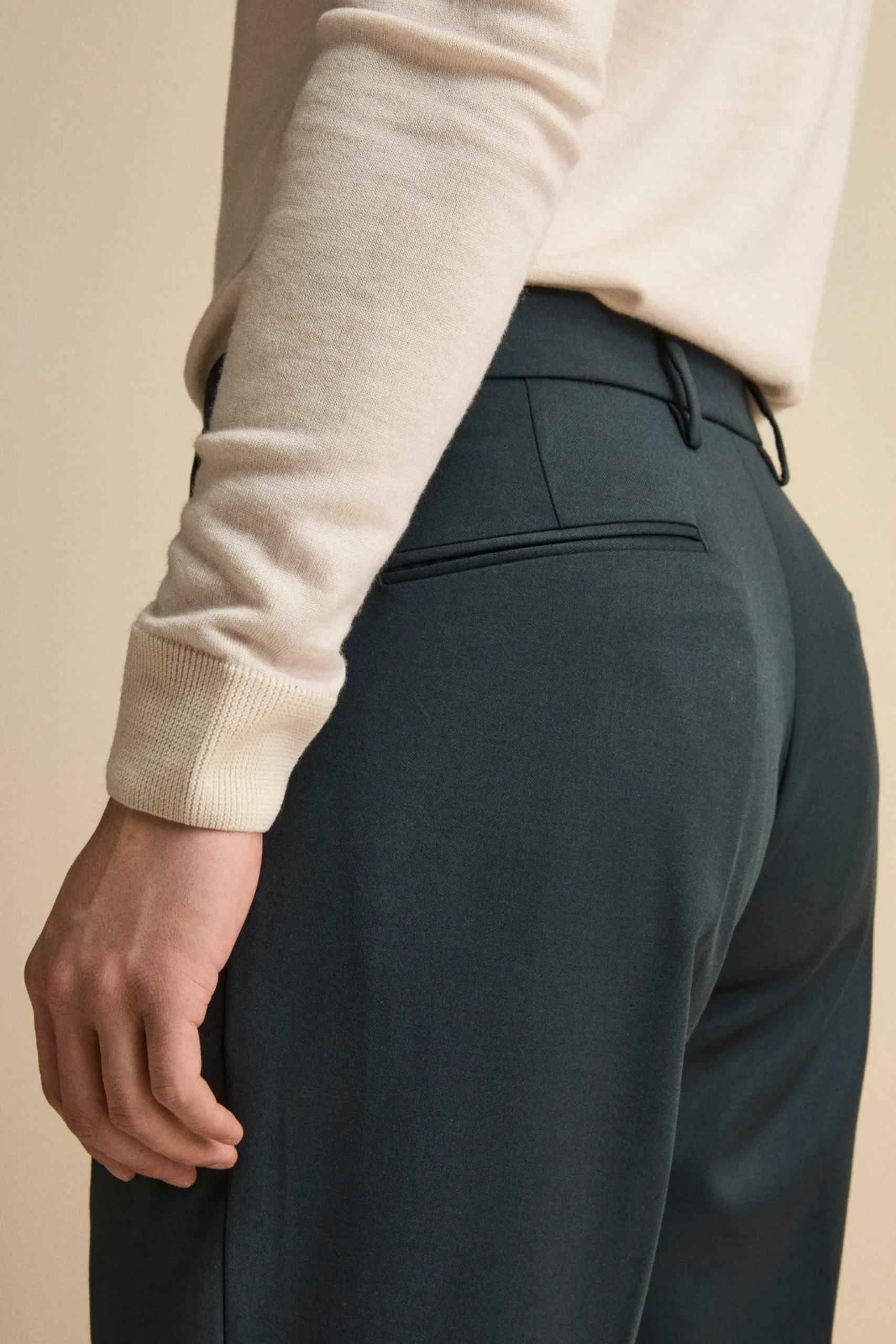 Pantalone Straight in Misto Lana con Pinces e Risvolto - VERDE SCURO