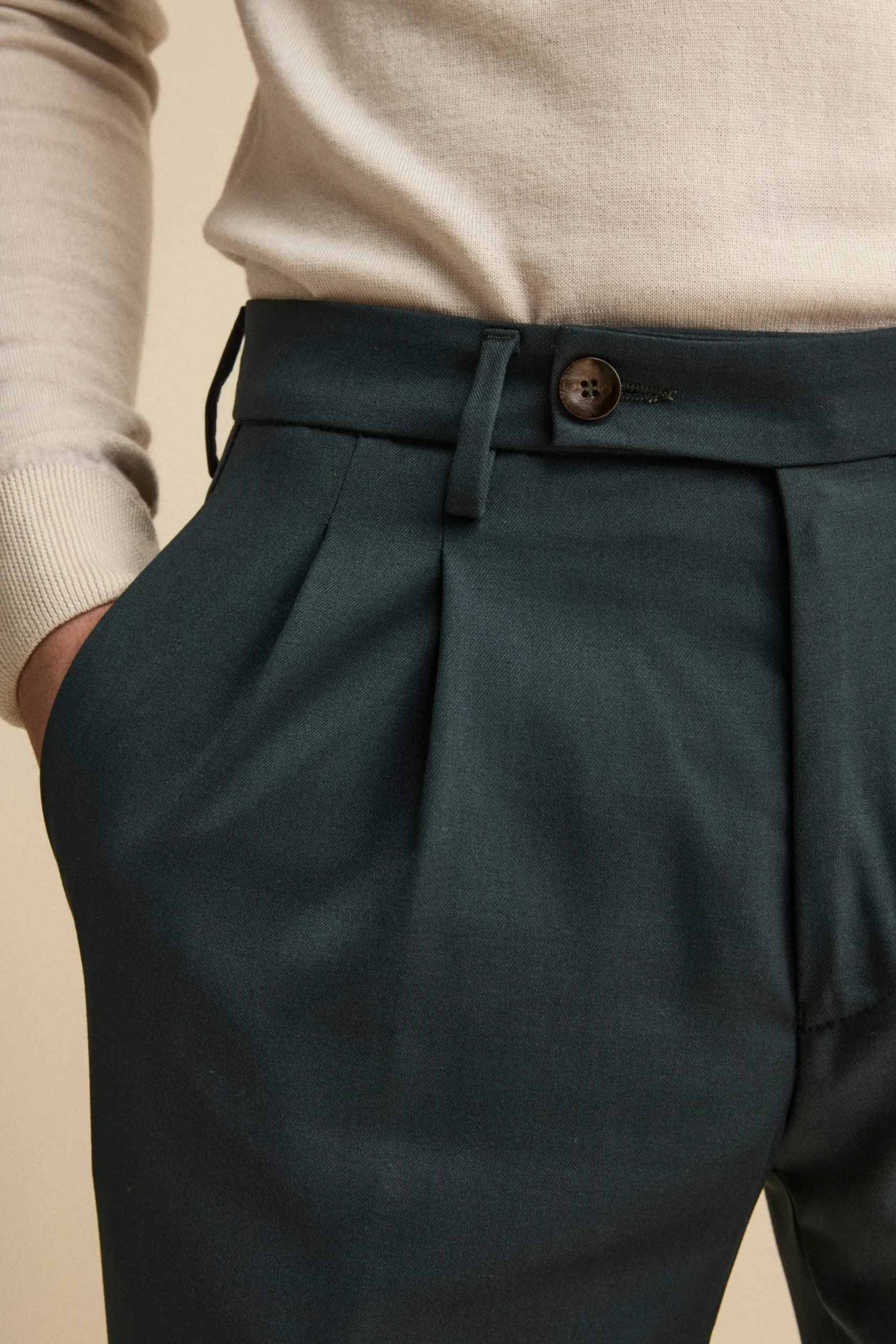Pantalone Straight in Misto Lana con Pinces e Risvolto - VERDE SCURO
