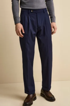Pantalone Straight in Misto Lana con Pinces e Risvolto - BLU