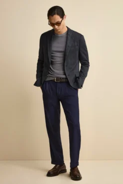 Pantalone Straight in Misto Lana con Pinces e Risvolto - BLU