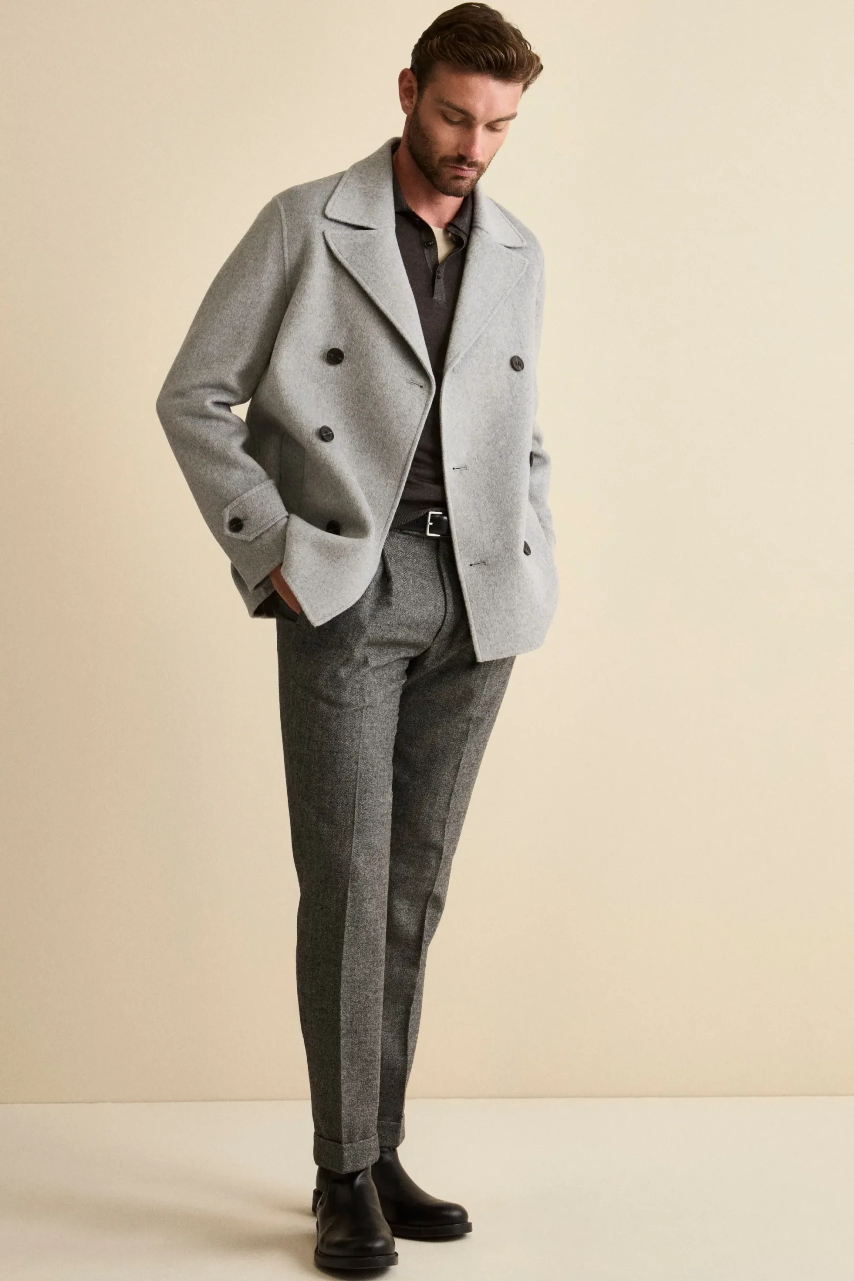 Pantalone Straight Spigato in Misto Lana con Risvolto - GRIGIO MELANGE