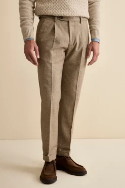 Pantalone Straight Spigato in Misto Lana con Risvolto - NOCCIOLA MELANGE