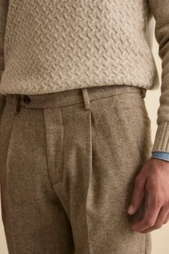 Pantalone Straight Spigato in Misto Lana con Risvolto - NOCCIOLA MELANGE