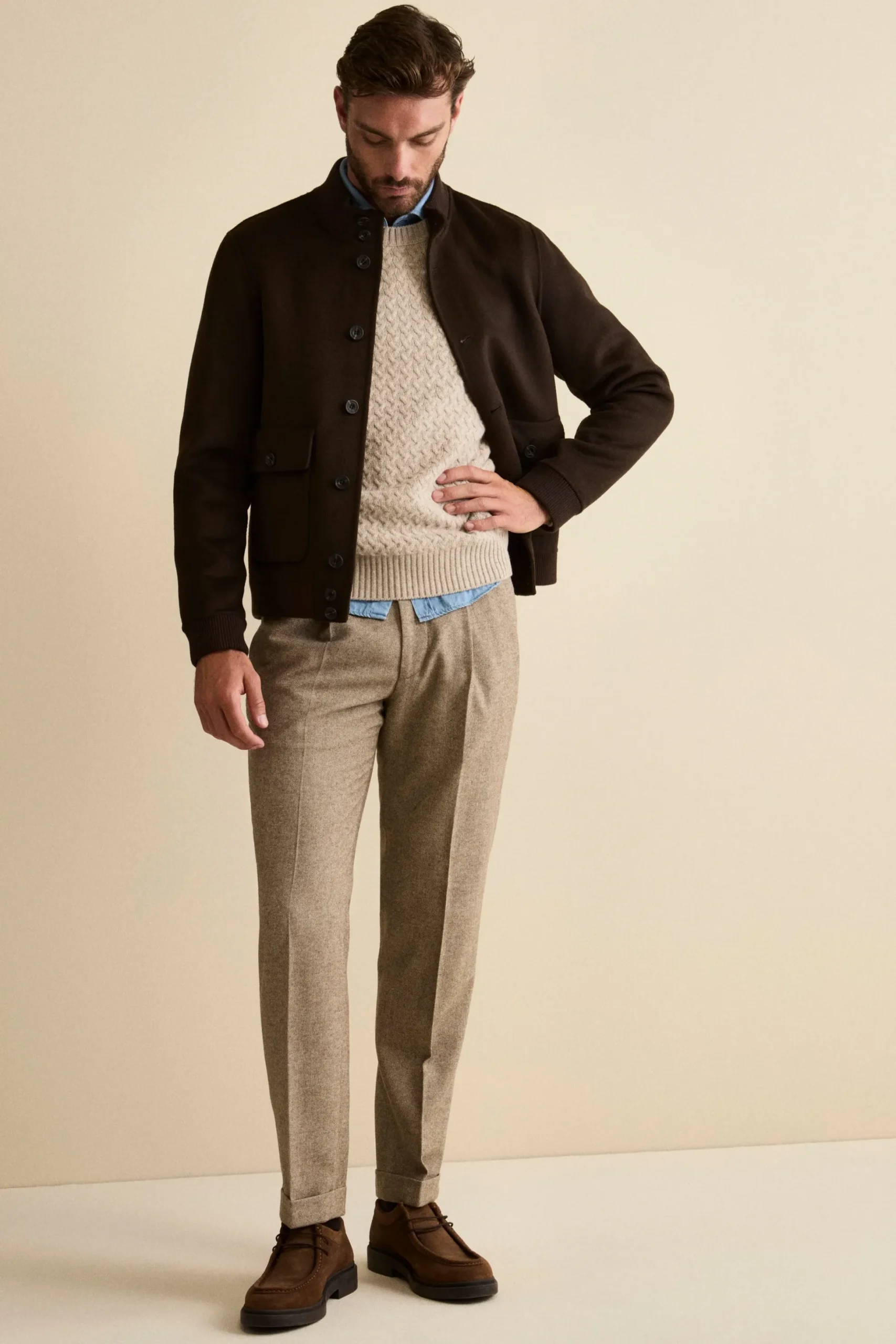Pantalone Straight Spigato in Misto Lana con Risvolto - NOCCIOLA MELANGE