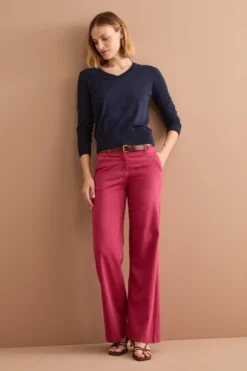 Pantalone Twill Gamba Larga in Misto Cotone - BORDEAUX