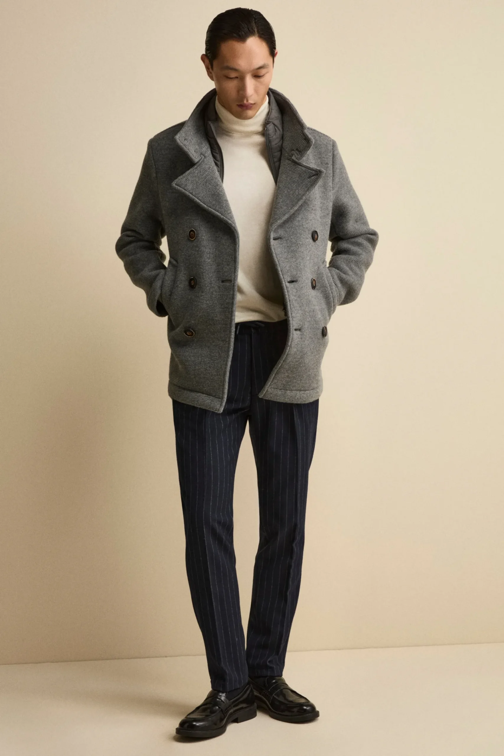 Peacoat Doppiopetto in Misto Lana con Pettorina - GRIGIO MELANGE