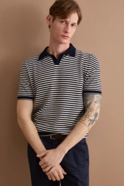 Polo Derby a Righe in Cotone Dry - BLU/PANNA