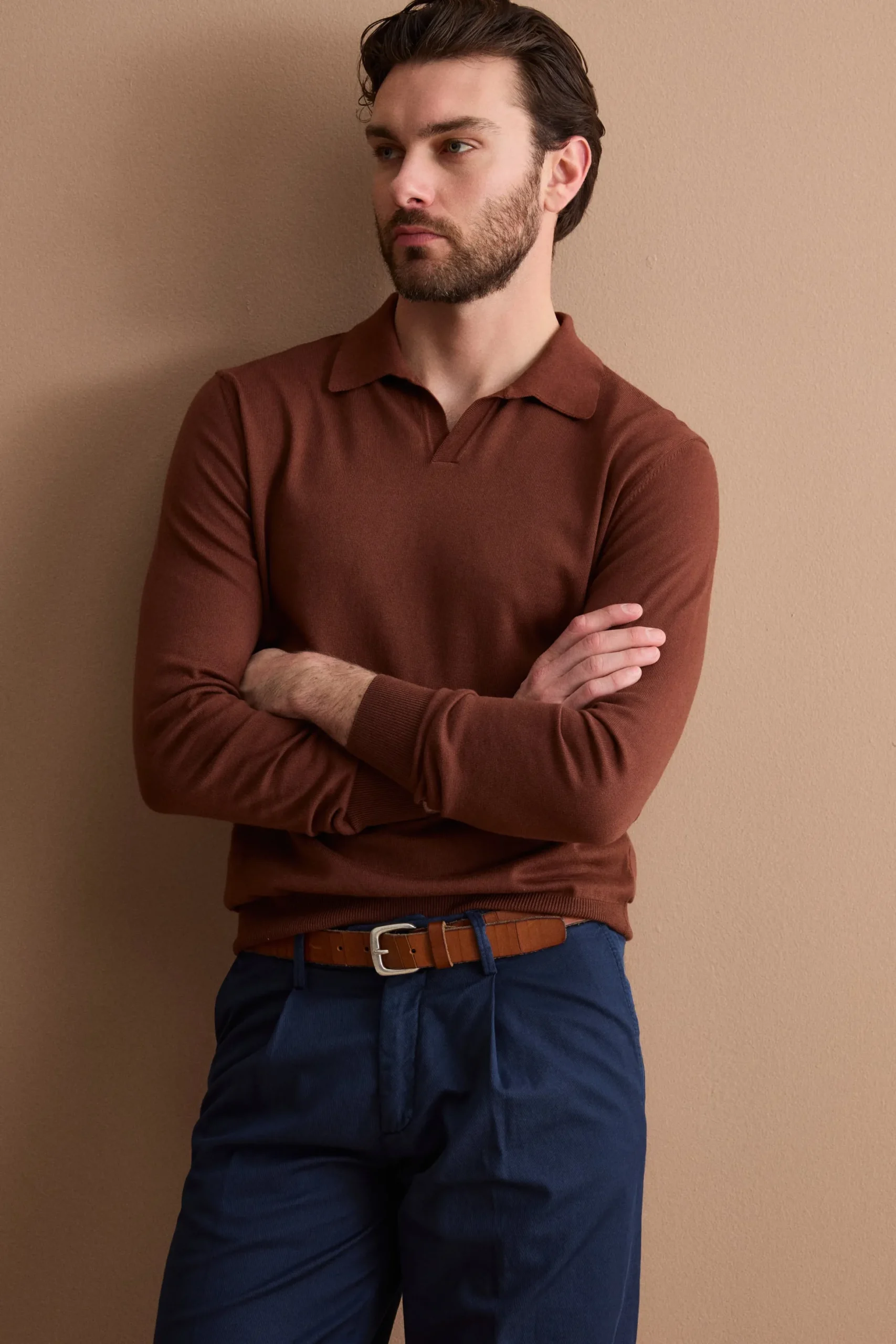 Polo Derby in Cotone con Manica Lunga - MARRONE