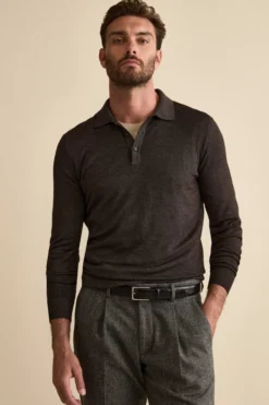 Polo in Maglia con Bottoni in Lana Merino - MARRONE