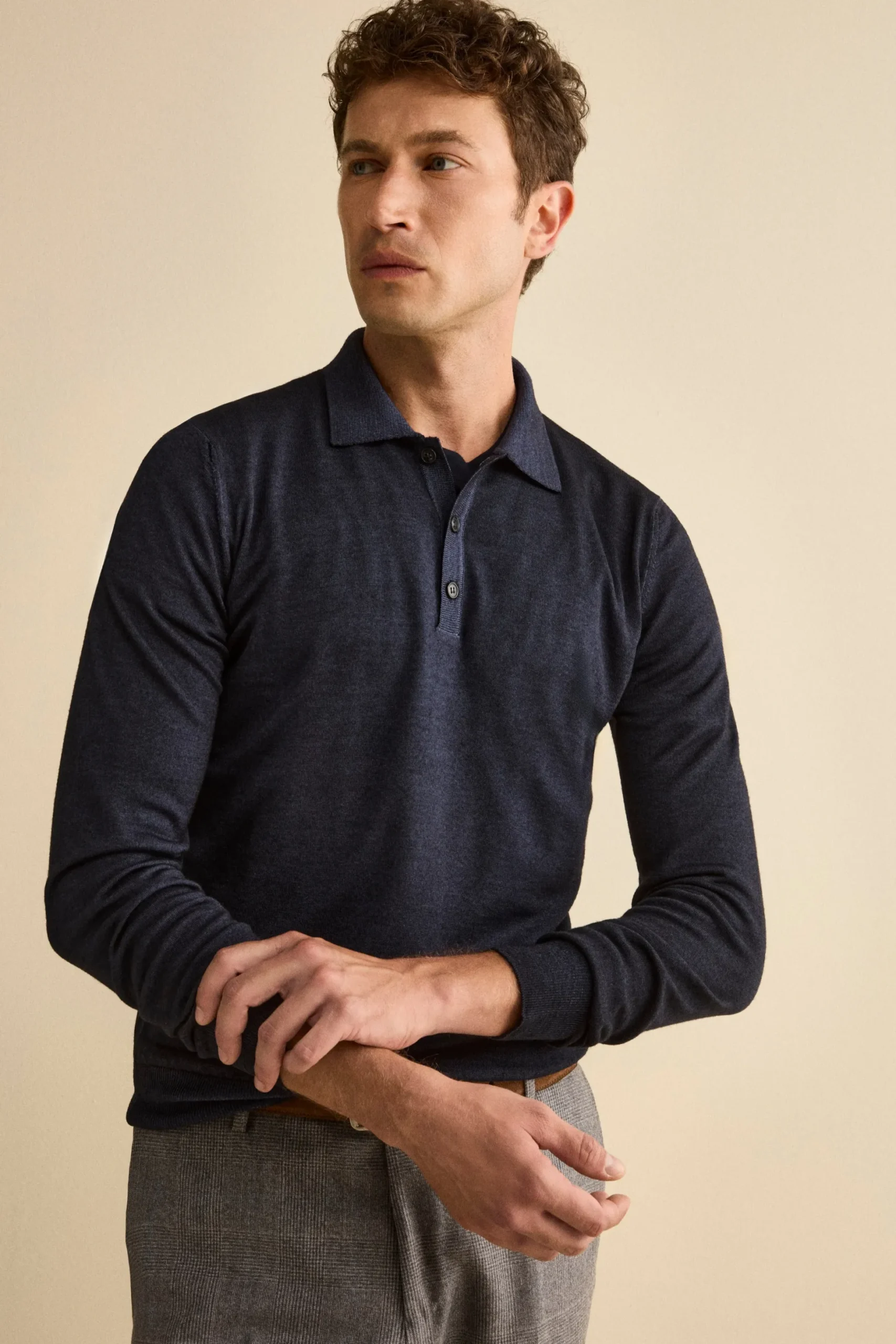 Polo in Maglia con Bottoni in Lana Merino - BLU