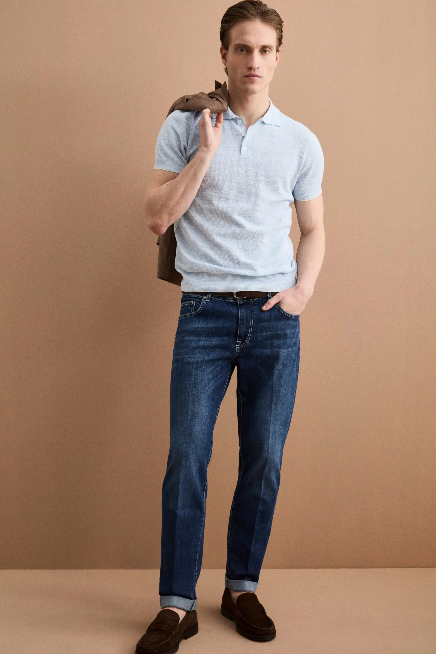 Polo Manica Corta in Misto Lino - AZZURRO