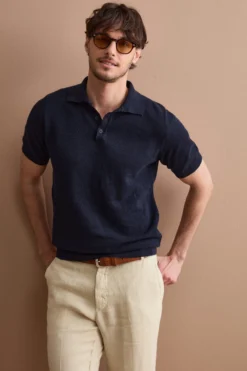 Polo Piquet Mezza Manica in Misto Lino - BLU