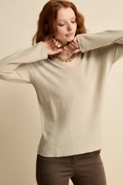 Pullover Links con Scollo a V in Cotone - BEIGE