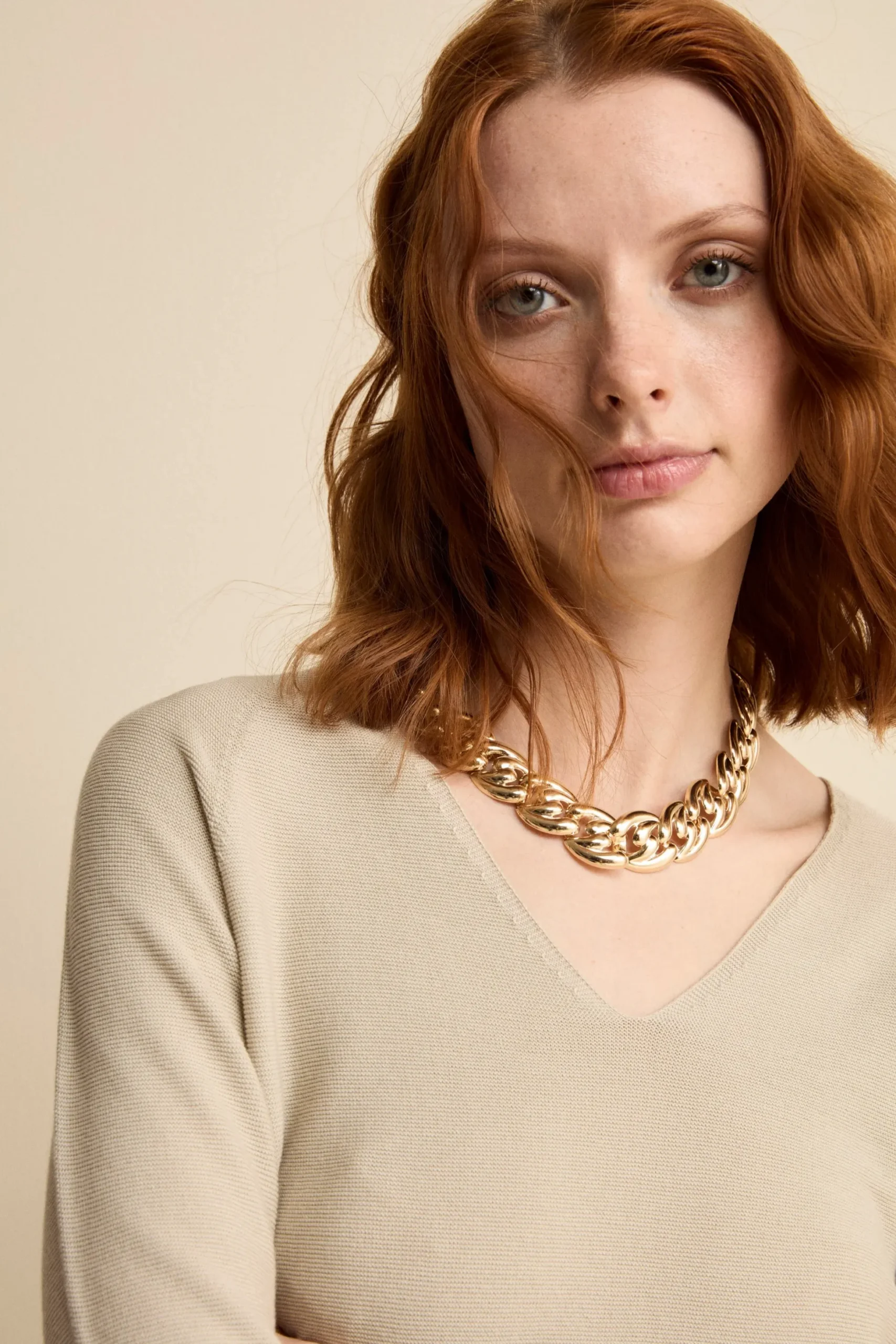 Pullover Links con Scollo a V in Cotone - BEIGE