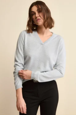 Pullover scollo a V in seta e cashmere - AZZURRO