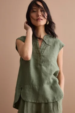 Top Smanicato in Lino con Scollo a V - VERDE MILITARE