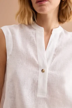 Top Smanicato in Lino con Scollo a V - BIANCO