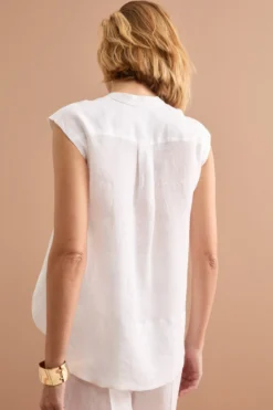 Top Smanicato in Lino con Scollo a V - BIANCO
