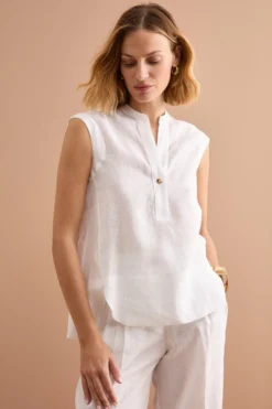Top Smanicato in Lino con Scollo a V - BIANCO