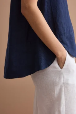 Top Smanicato in Lino con Scollo a V - NAVY