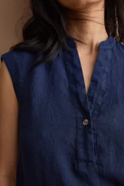 Top Smanicato in Lino con Scollo a V - NAVY
