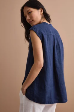 Top Smanicato in Lino con Scollo a V - NAVY