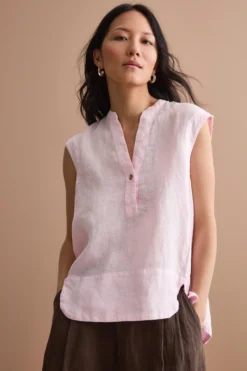 Top Smanicato in Lino con Scollo a V - ROSA
