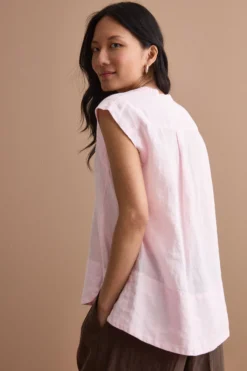 Top Smanicato in Lino con Scollo a V - ROSA