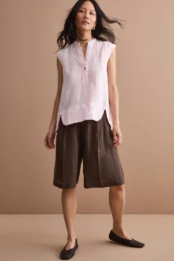 Top Smanicato in Lino con Scollo a V - ROSA
