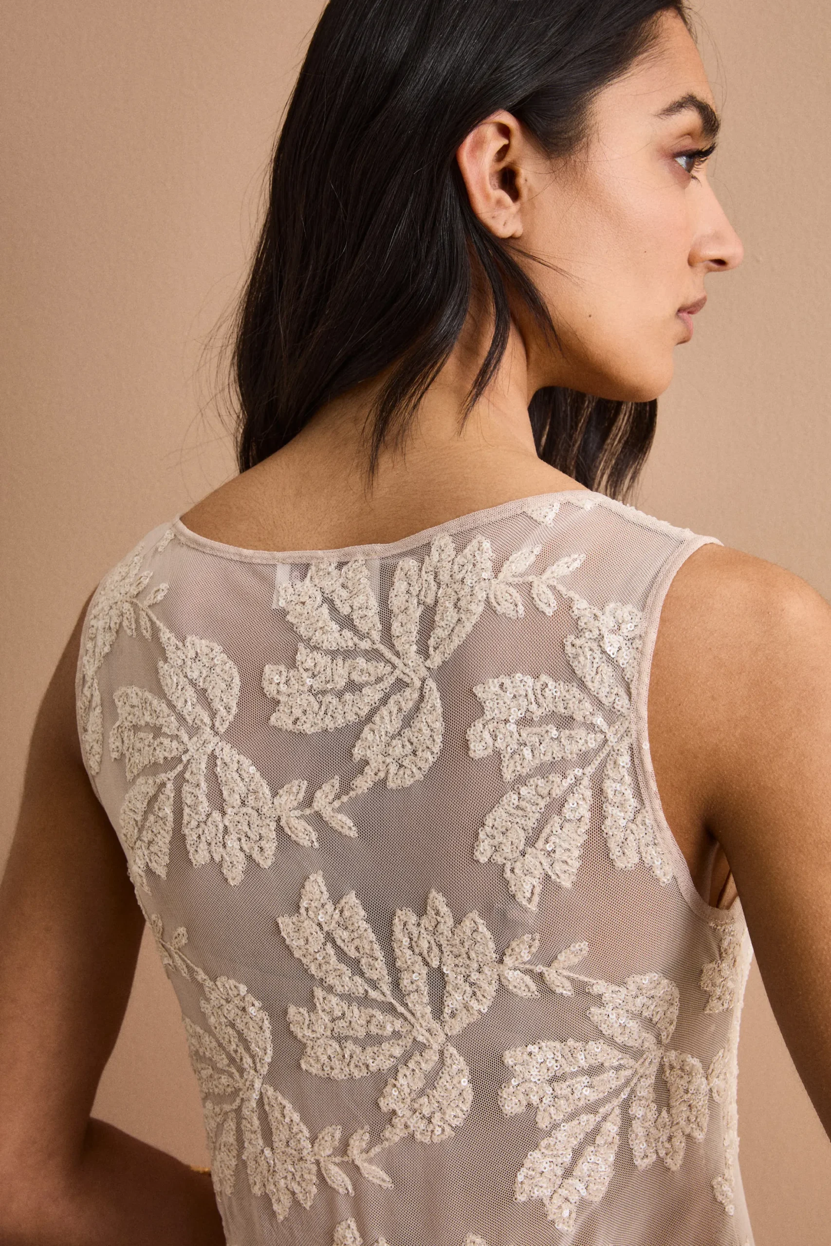 Top Smanicato in Tulle con Paillettes - ECRU