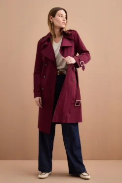 Trench Lungo Doppiopetto Foderato con Cintura - BORDEAUX