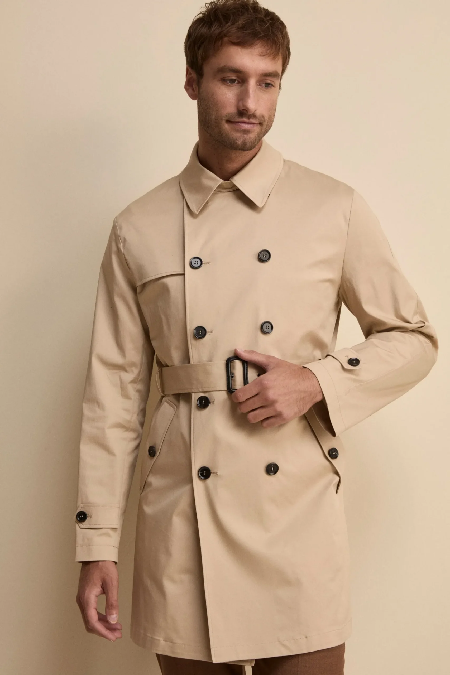 Trench midi doppiopetto con cintura - BEIGE