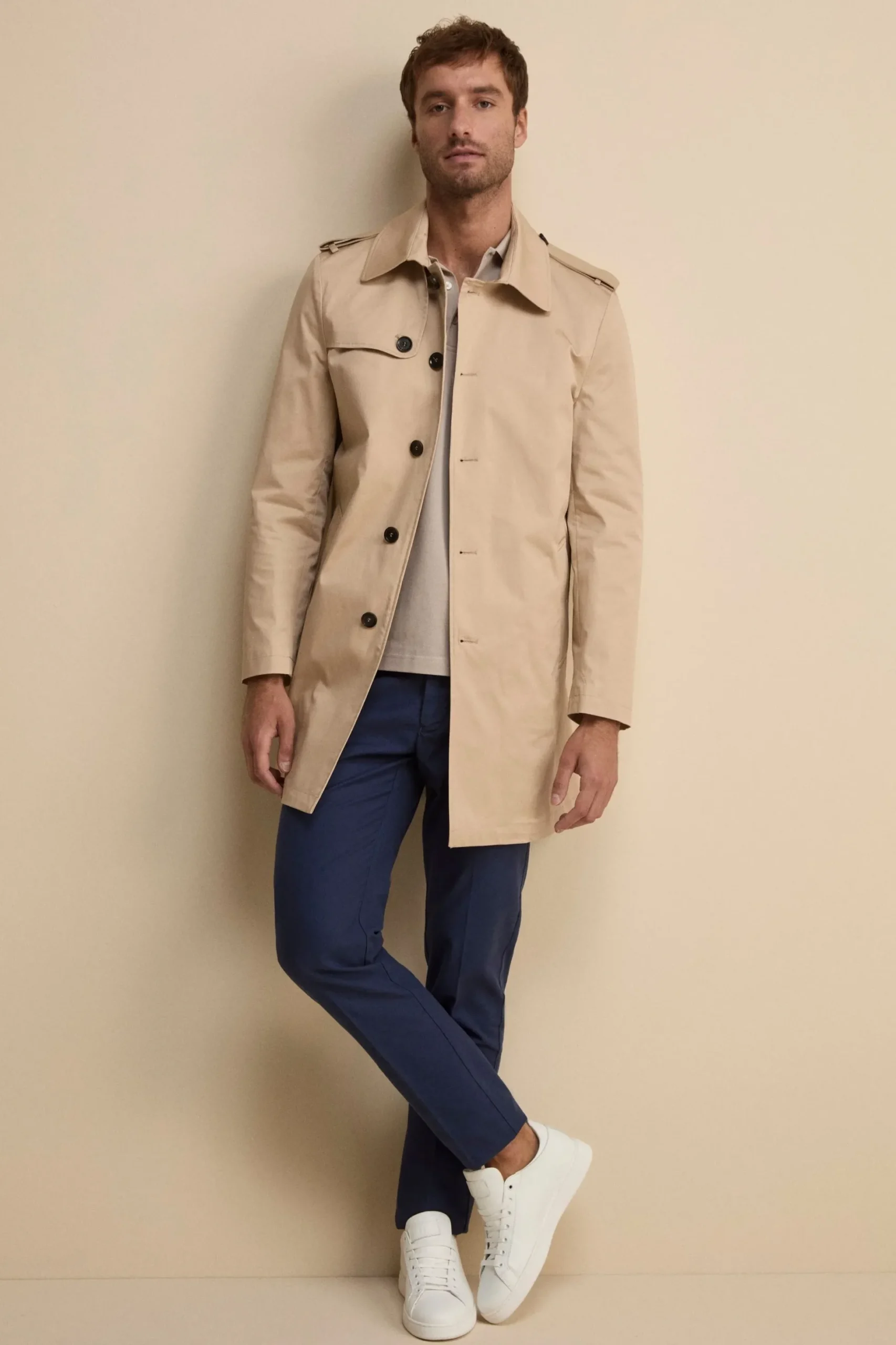 Trench Midi Monopetto in Cotone - BEIGE