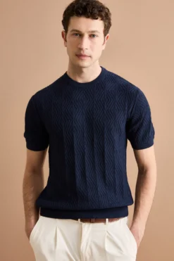 T-Shirt a Rombi in Cotone Crêpe - BLU NOTTE