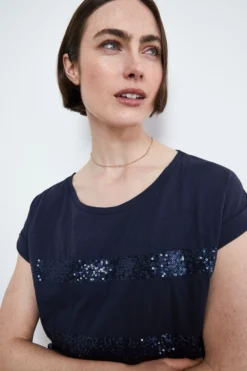 T-shirt con Strass in Cotone - NAVY