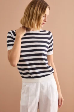 T-Shirt Cropped a Righe in Lino e Cotone - BIANCO/BLU