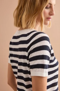 T-Shirt Cropped a Righe in Lino e Cotone - BIANCO/BLU