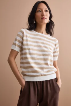 T-Shirt Cropped a Righe in Lino e Cotone - BIANCO/BEIGE