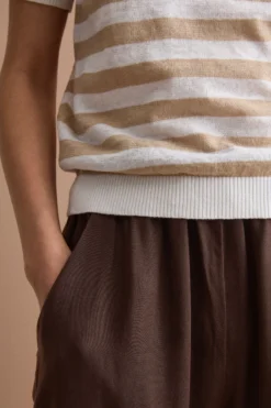 T-Shirt Cropped a Righe in Lino e Cotone - BIANCO/BEIGE