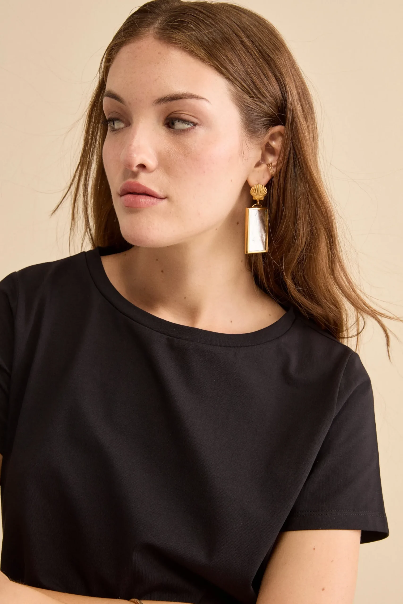 T-Shirt Girocollo in Cotone Elasticizzato - NERO
