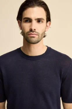 T-Shirt Girocollo in Misto Lino - NAVY