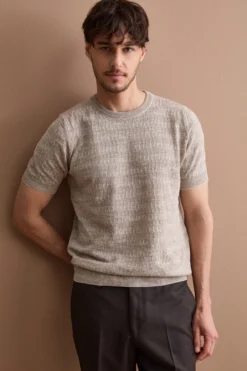 T-shirt in Misto Cotone e Lino Lavorata - BEIGE/PANNA
