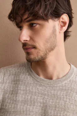 T-shirt in Misto Cotone e Lino Lavorata - BEIGE/PANNA