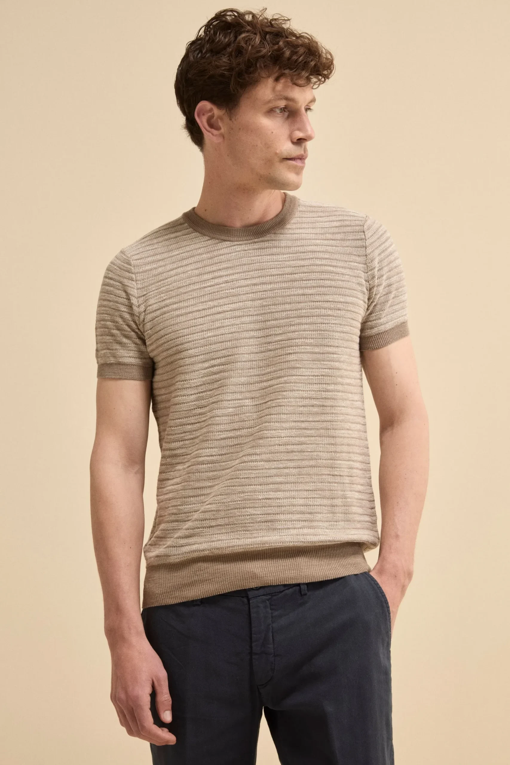 T-Shirt Jacquard in Misto Lino - NOCCIOLA